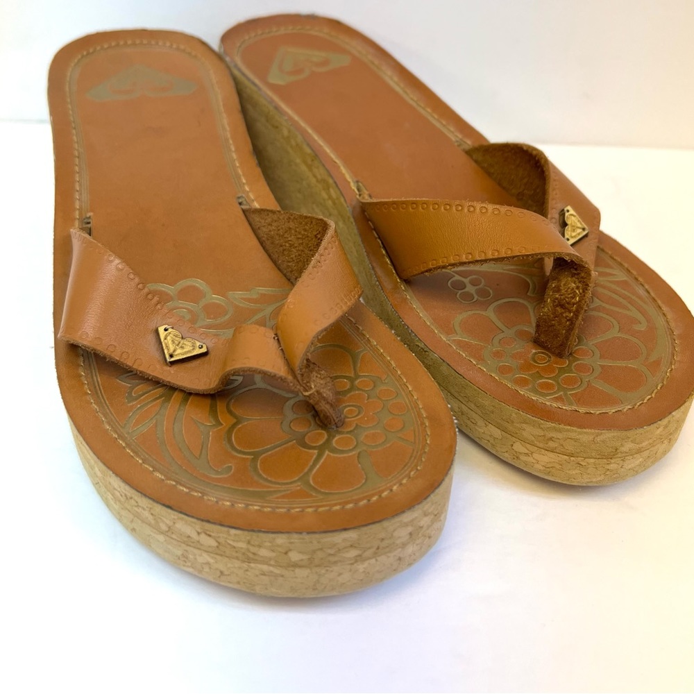 Roxy Tan Cork Wedge Thong Sandals